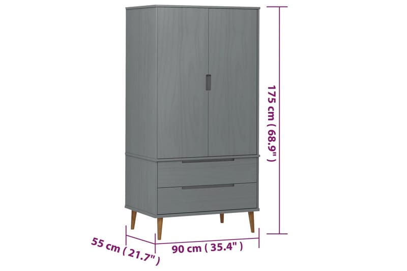 beBasic Garderob grå 90x55x175 cm massiv furu - Grey - Garderober & garderobssystem - Garderobsskåp