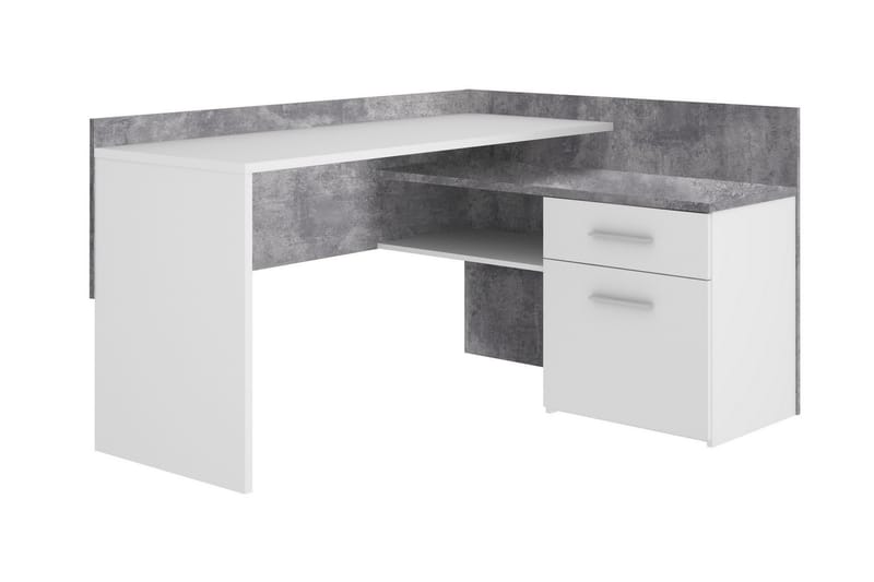 Hörnskrivbord Skirbeck 112 cm med Förvaring Hyllor + Lådor - Vit/Betonggrå - Hörnskrivbord