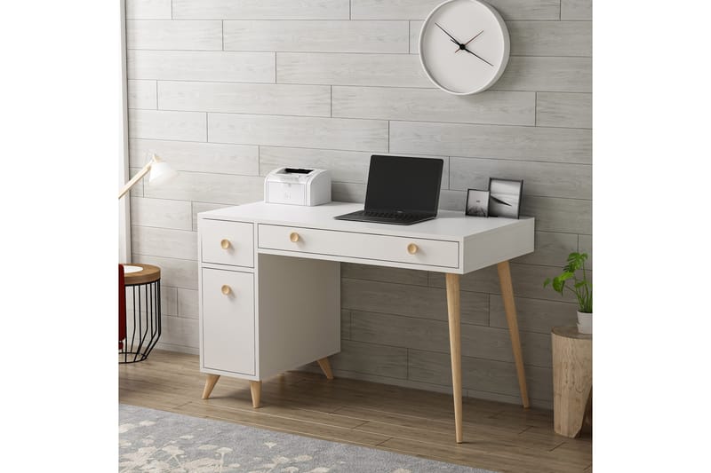 Skrivbord Alsunga 120 cm med Förvaring Lådor + Skåp - Vit/Natur - Skrivbord - Datorbord