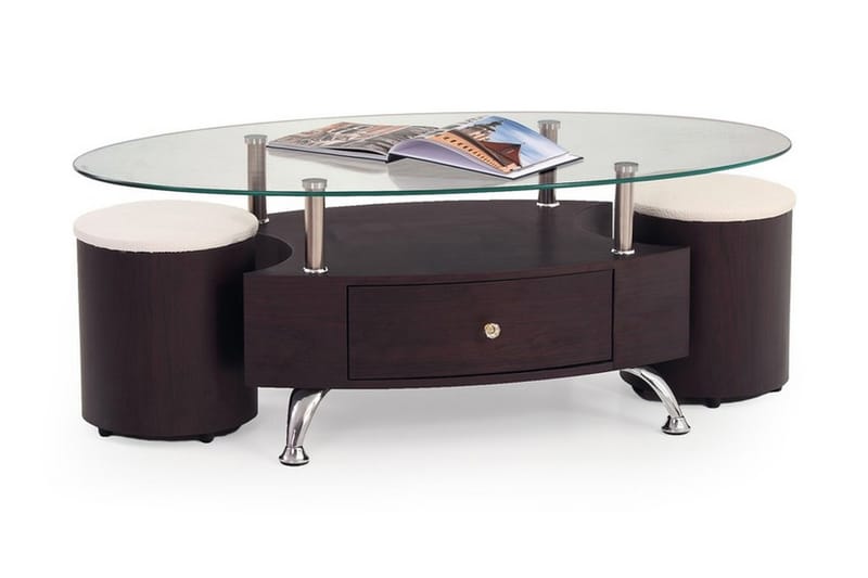 Soffbord Mascorro med Pallar 120 cm Ovalt m Förvaring Hylla+ - Glas/Körsbärsbrun - Soffbord