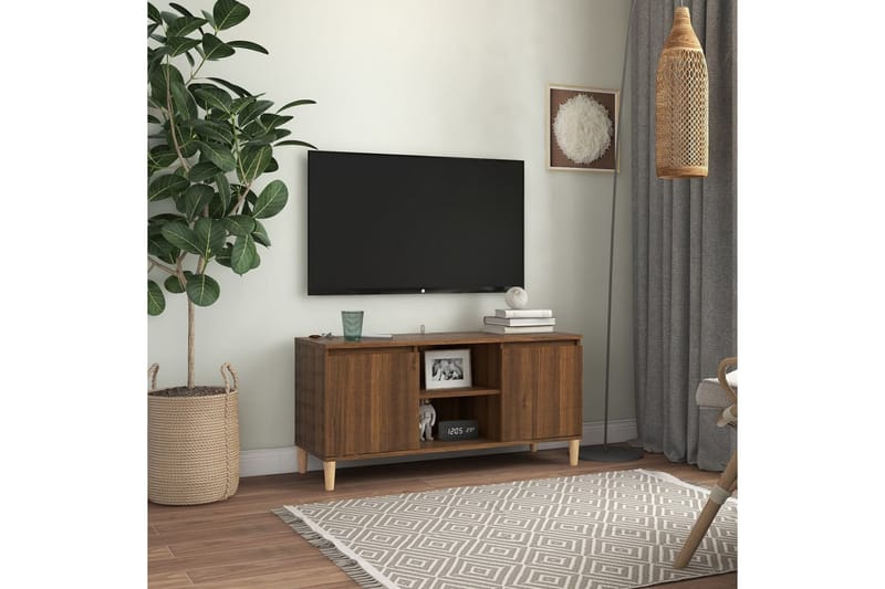 TV-bänk med massiva träben brun ek 103,5x35x50 cm - Brun - TV bänk & mediabänk