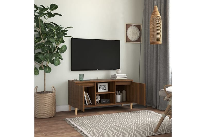TV-bänk med massiva träben brun ek 103,5x35x50 cm - Brun - TV bänk & mediabänk