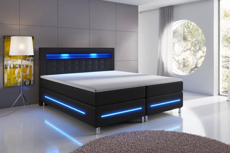 Komplett Sängpaket Pisa Lyx 160x200 LED Pikerad Gavel Konstl - Svart - Kontinentalsäng - Dubbelsäng - Komplett sängpaket