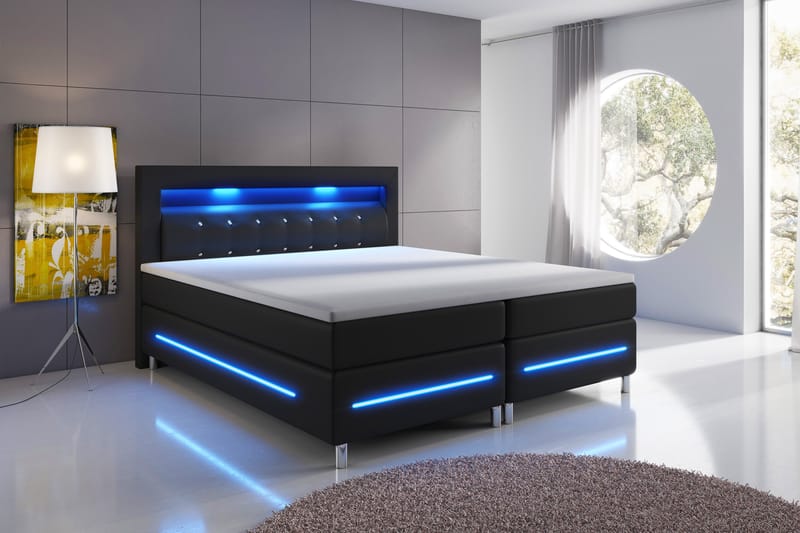 Komplett Sängpaket Pisa Lyx 160x200 LED Pikerad Gavel Konstl - Svart - Kontinentalsäng - Dubbelsäng - Komplett sängpaket
