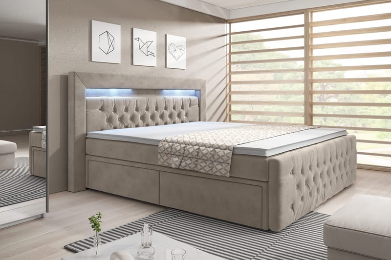 Komplett Sängpaket Celio 180x200 med Fövaring LED-belysning - Beige|Sammet - Säng med förvaring - Komplett sängpaket