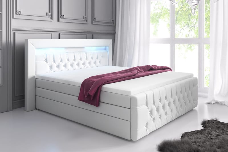 Komplett Sängpaket Celio Lyx 180x200 LED-belysning - Vit|Konstläder - Säng med förvaring - Komplett sängpaket