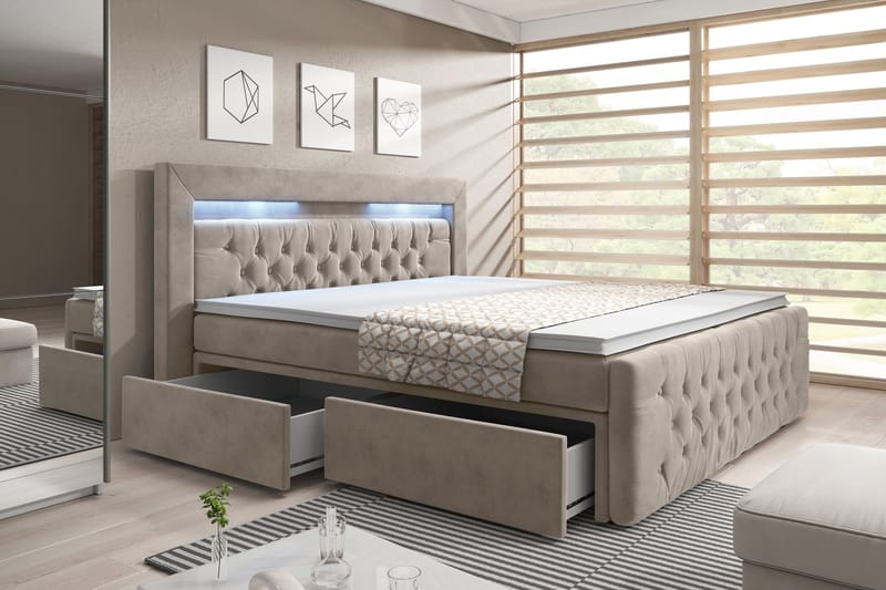 Komplett Sängpaket Celio med Förvaring LED-belysning - Beige|Sammet - Säng med förvaring - Komplett sängpaket