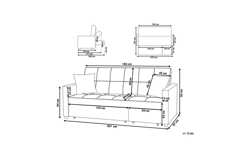 Bäddsoffa Glomma 207 cm - Svart|Grå - Möbler - Soffa - Bäddsoffa - Bäddsoffa längsbäddad