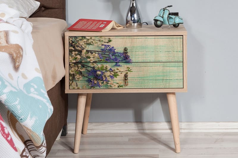 Sängbord Dirk 60 cm med Förvaring 2 Lådor Körsbärsblom - Teak - Sängbord & nattduksbord