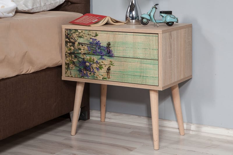 Sängbord Dirk 60 cm med Förvaring 2 Lådor Körsbärsblom - Teak - Sängbord & nattduksbord