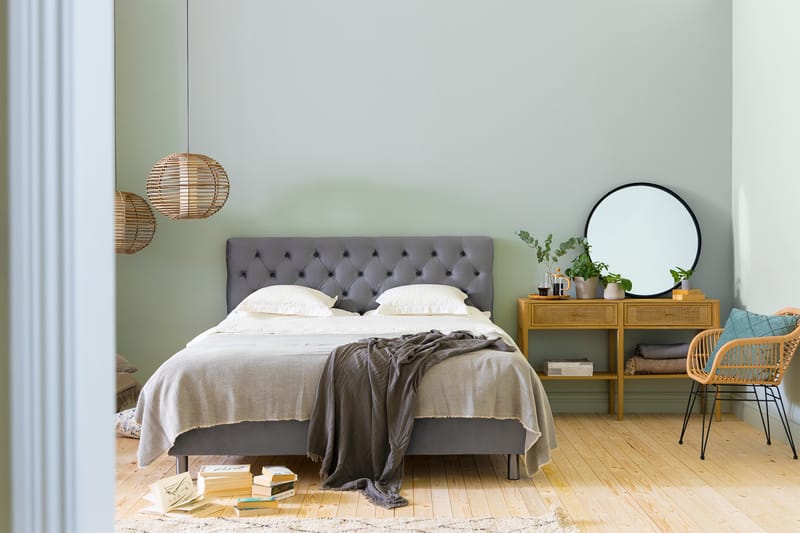 Komplett Sängpaket Rebeca 180x200 cm Djuphäftad Gavel - Ljusgrå|Sammet - Kontinentalsäng - Dubbelsäng - Komplett sängpaket