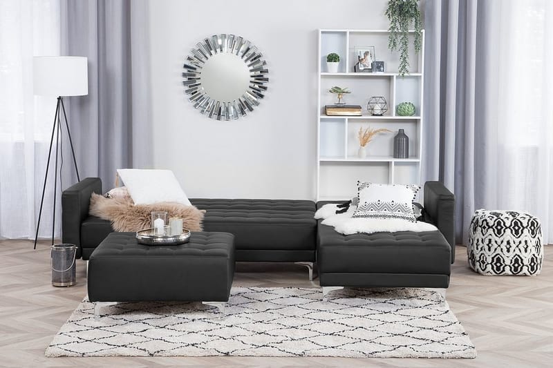 Hörnbäddsoffa Westerleigh Vänster med Fotpall Konstläder - Svart - Möbler - Soffa - Bäddsoffa - Bäddsoffa längsbäddad