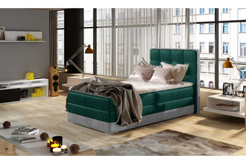 Förvaringssäng Konshens 90x200 cm Vänster - Grå|Grön - Säng med förvaring - Enkelsäng med förvaring