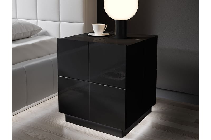 Sängbord Ebreon 46 cm + LED 2-pack - Svart Högglans/Vit LED - Sängbord & nattduksbord