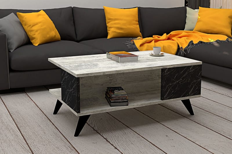 Soffbord Dzelda 90 cm med Förvaring Hyllor Marmormönster - Beige/Svart - Soffbord