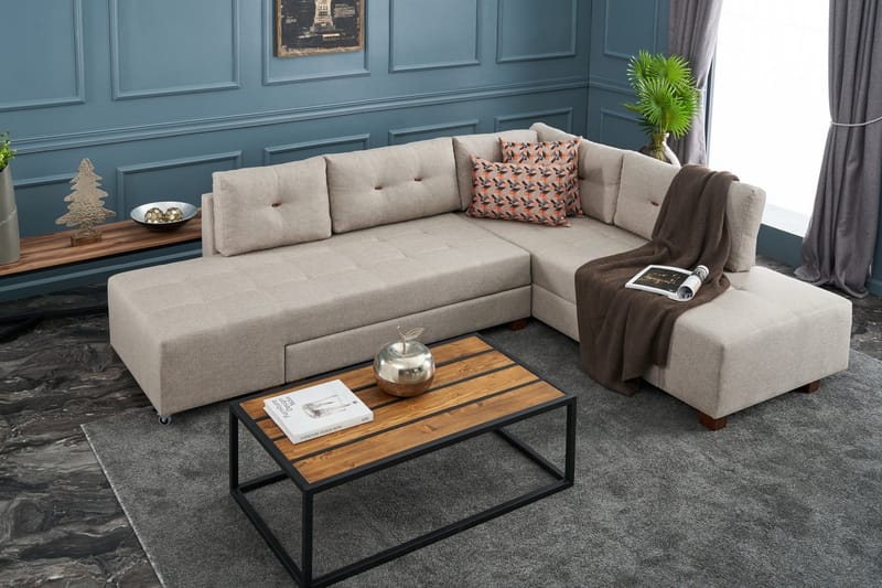 Bäddsoffa med Schäslong Cyprus Höger - Krämvit/Svart - Möbler - Soffa - Bäddsoffa - Framåtbäddad bäddsoffa