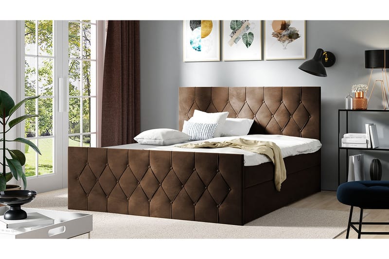 Sängpaket Kontinentalsäng Kanwer 200x200 cm med Förvaring - Brun - Säng med förvaring - Komplett sängpaket
