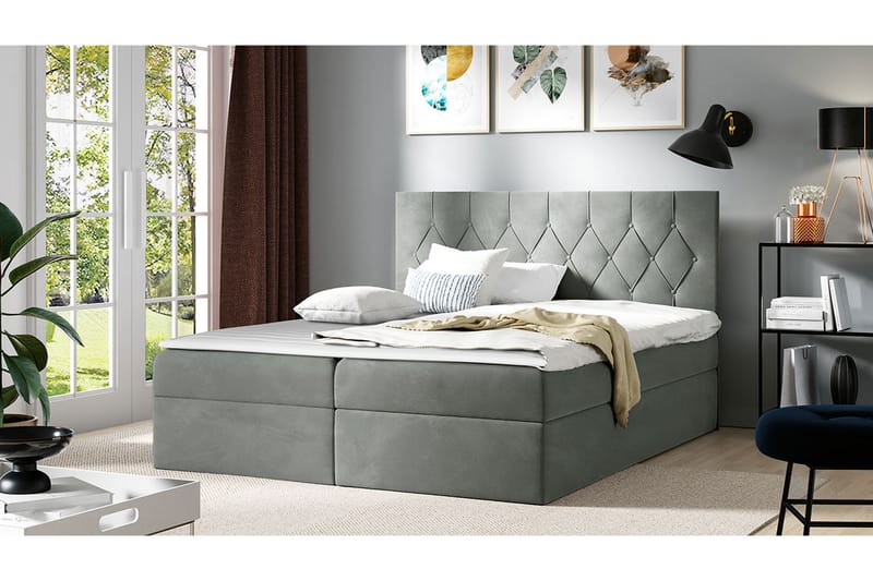 Sängpaket Kontinentalsäng Kanwar 160x200 cm med Förvaring - Grå - Säng med förvaring - Komplett sängpaket