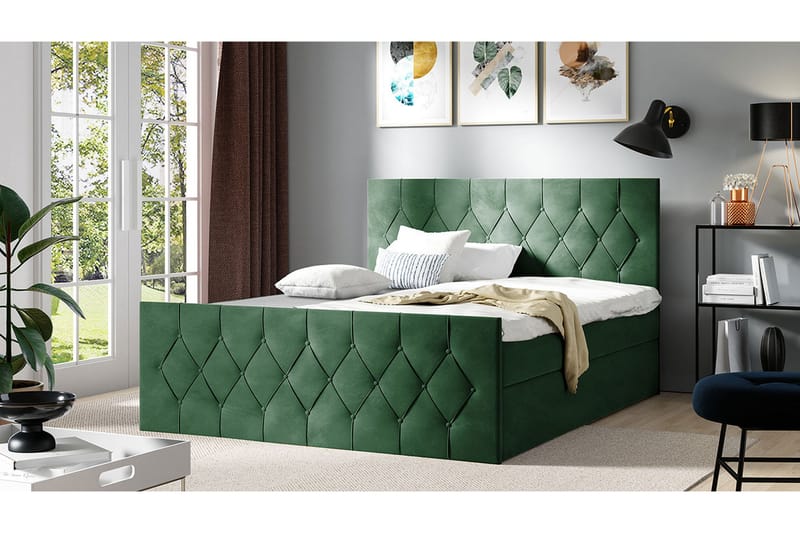 Sängpaket Kontinentalsäng Kanwer 160x200 cm med Förvaring - Grön - Säng med förvaring - Komplett sängpaket