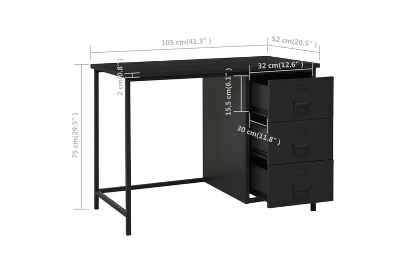 Skrivbord med lådor industriell svart 105x52x75 cm stål - Svart - Skrivbord - Datorbord