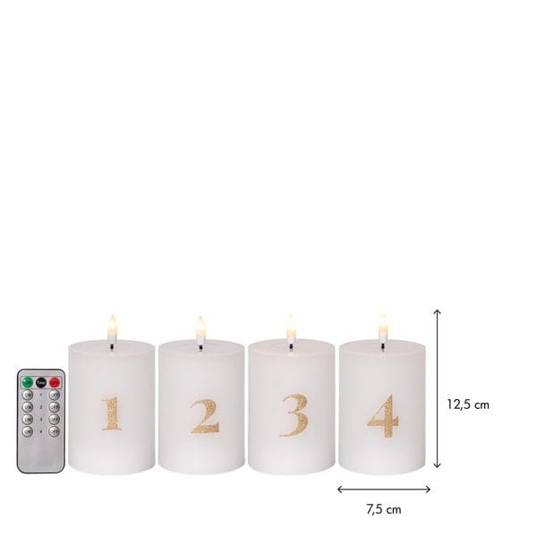Flamme Advent LED Blockljus 4-pack 7.5 cm - vit med guldsiffror - Belysning - Dekorationsbelysning - Dekorationsbelysning inomhus - Batteridrivna ljus