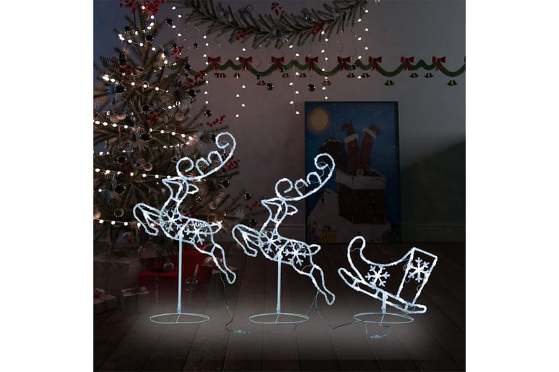 Flygande julrenar och släde akryl 260x21x87 cm kallvit - Vit - Julbelysning utomhus