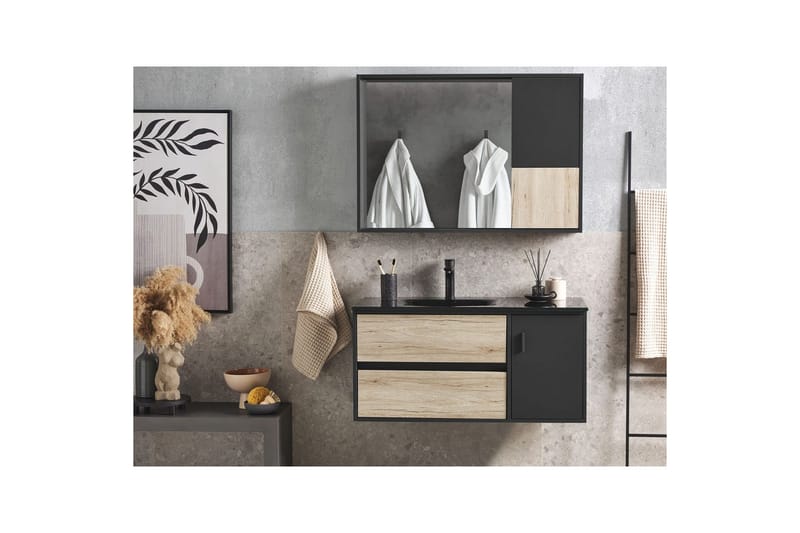 Badrumsskåp Teruel Ljus trä, svart, 100x48x70 cm - Ljus trä, svart, 100x48x70 cm - Förvaring - Badrumsförvaring - Väggskåp & högskåp