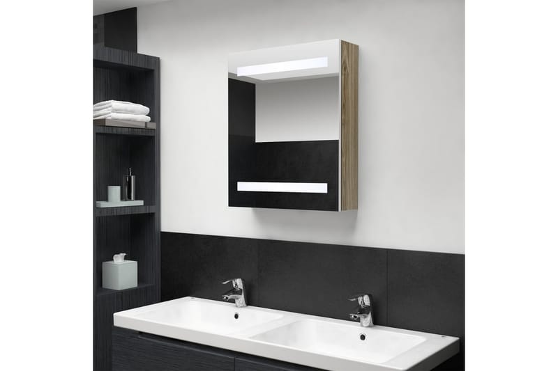 Badrumsspegel LED vit och ek 50x14x60 cm - Vit - Spegelskåp