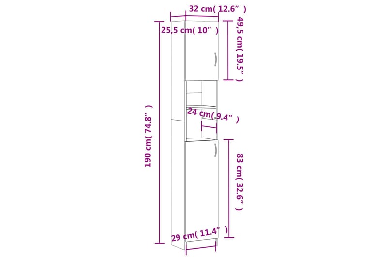 beBasic Badrumsskåp rökfärgad ek 32x25,5x190 cm konstruerat trä - Brown - Väggskåp & högskåp - Badrumsskåp