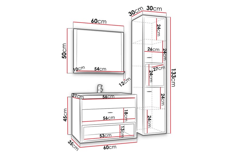 Ekomi Möbelset för Badrum 133 cm - Förvaring - Badrumsförvaring - Kompletta möbelpaket badrum