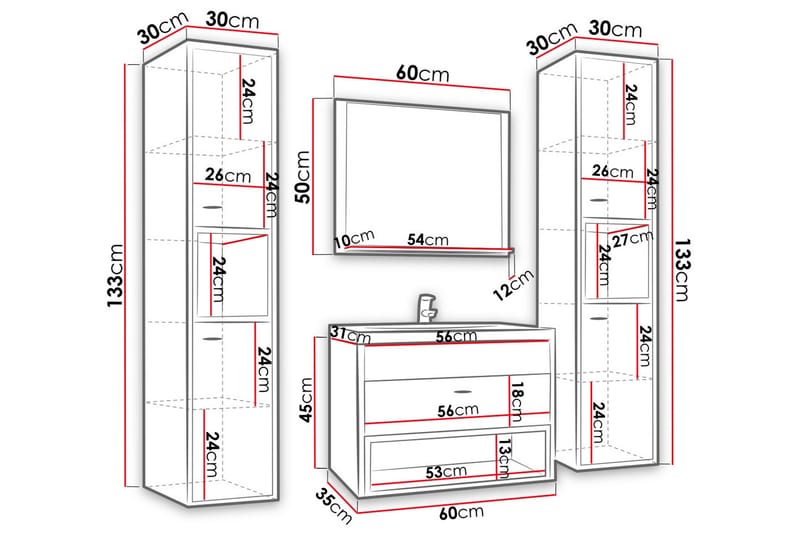 Ekomi Möbelset för Badrum 133 cm - Förvaring - Badrumsförvaring - Kompletta möbelpaket badrum