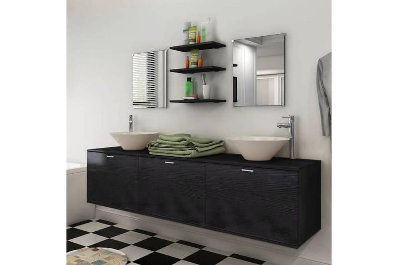 Badrumsmöbler åtta delar med handfat svart - Svart - Kompletta möbelpaket badrum