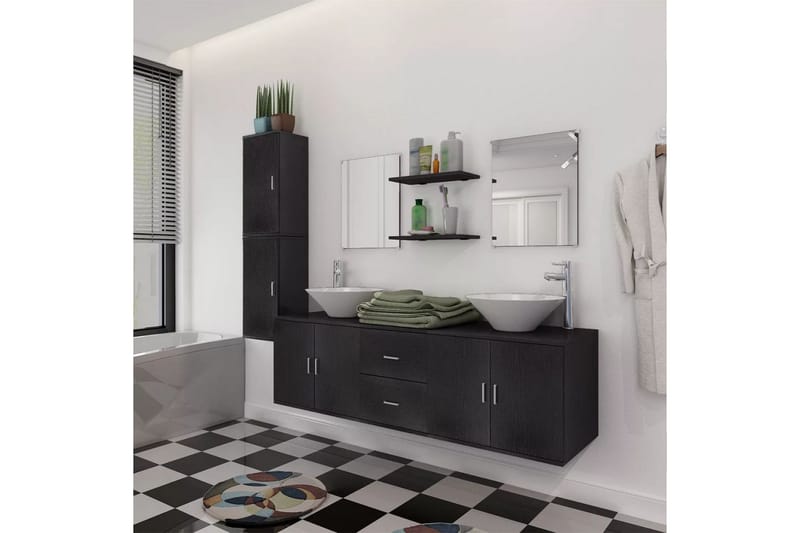 Badrumsmöbler med handfat och kran svart 11 delar - Svart - Kompletta möbelpaket badrum