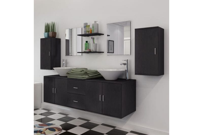 Badrumsmöbler nio delar med handfat svart - Svart - Kompletta möbelpaket badrum