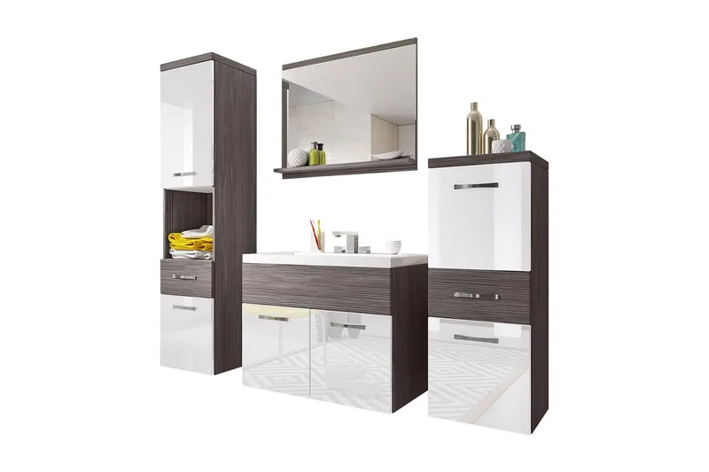 Ericka Badrumsset - Vit/Högglans/Grå/Brun - Förvaring - Badrumsförvaring - Kompletta möbelpaket badrum