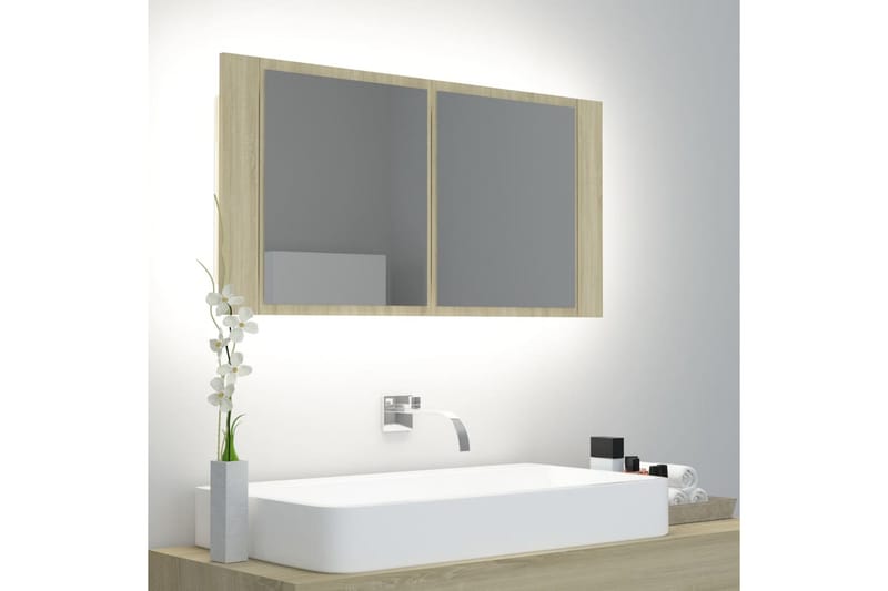 Spegelskåp med LED sonoma-ek 90x12x45 cm - Brun - Spegelskåp