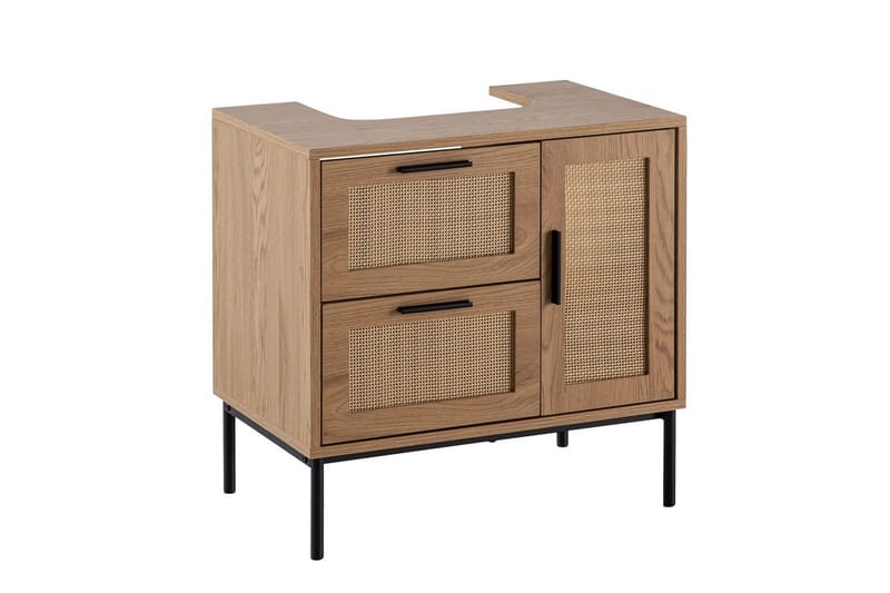 Tvättställsskåp Wohnling melaminbelagd MDF, ek-optik, rottingfront, metallben, modern loftstil 1 dörr, 3 lådor - 1 dörr, 3 lådor - Förvaring - Badrumsförvaring - Väggskåp & högskåp