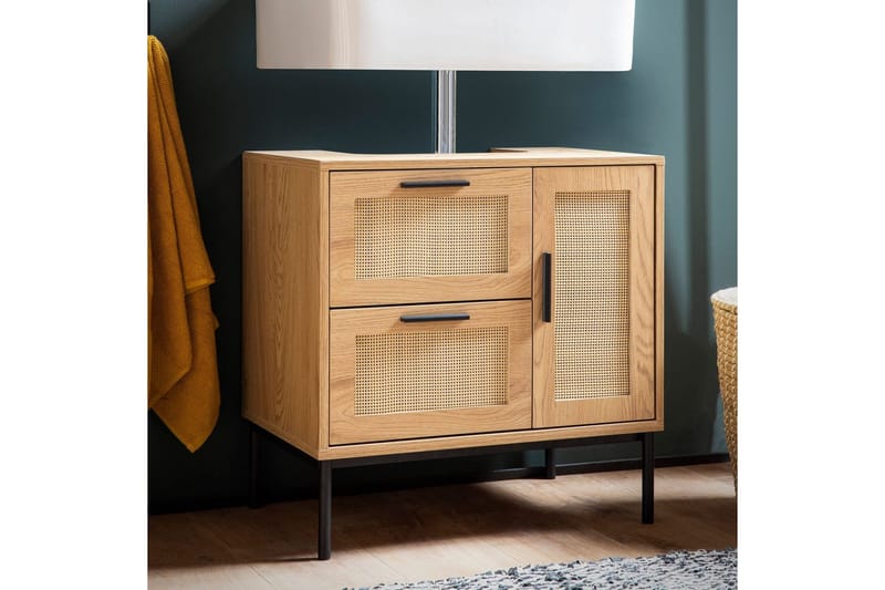 Tvättställsskåp Wohnling melaminbelagd MDF, ek-optik, rottingfront, metallben, modern loftstil 1 dörr, 3 lådor - 1 dörr, 3 lådor - Förvaring - Badrumsförvaring - Väggskåp & högskåp