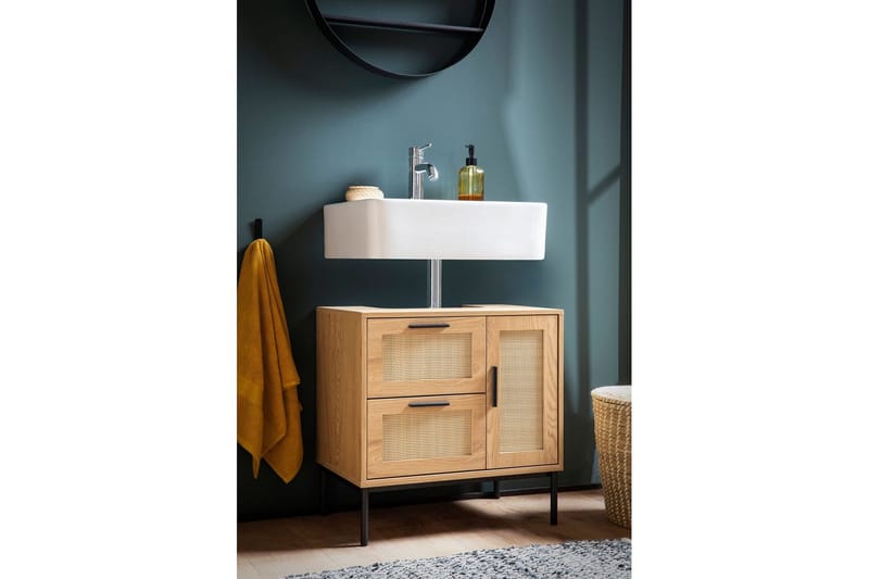 Tvättställsskåp Wohnling melaminbelagd MDF, ek-optik, rottingfront, metallben, modern loftstil 1 dörr, 3 lådor - 1 dörr, 3 lådor - Förvaring - Badrumsförvaring - Väggskåp & högskåp