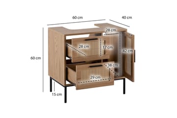 Tvättställsskåp Wohnling melaminbelagd MDF, ek-optik, rottingfront, metallben, modern loftstil 1 dörr, 3 lådor - 1 dörr, 3 lådor - Förvaring - Badrumsförvaring - Väggskåp & högskåp