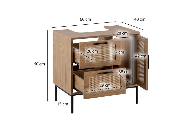 Tvättställsskåp Wohnling melaminbelagd MDF, ek-optik, rottingfront, metallben, modern loftstil 1 dörr, 3 lådor - 1 dörr, 3 lådor - Förvaring - Badrumsförvaring - Väggskåp & högskåp