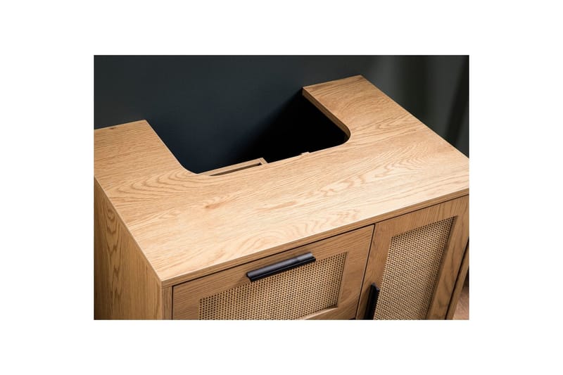 Tvättställsskåp Wohnling melaminbelagd MDF, ek-optik, rottingfront, metallben, modern loftstil 1 dörr, 3 lådor - 1 dörr, 3 lådor - Förvaring - Badrumsförvaring - Väggskåp & högskåp