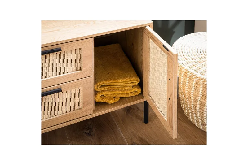 Tvättställsskåp Wohnling melaminbelagd MDF, ek-optik, rottingfront, metallben, modern loftstil 1 dörr, 3 lådor - 1 dörr, 3 lådor - Förvaring - Badrumsförvaring - Tvättställsskåp & kommod