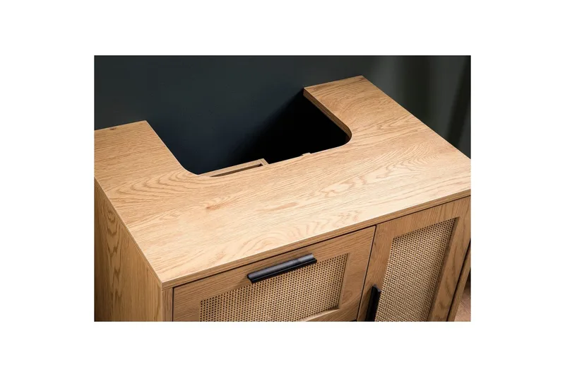 Tvättställsskåp Wohnling melaminbelagd MDF, ek-optik, rottingfront, metallben, modern loftstil 1 dörr, 3 lådor - 1 dörr, 3 lådor - Förvaring - Badrumsförvaring - Tvättställsskåp & kommod