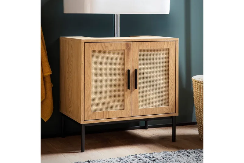 Tvättställsskåp Wohnling melaminbelagd MDF, ek-optik, rottingfront, metallben, modern loftstil 2 dörrar - 2 dörrar - Förvaring - Badrumsförvaring - Väggskåp & högskåp