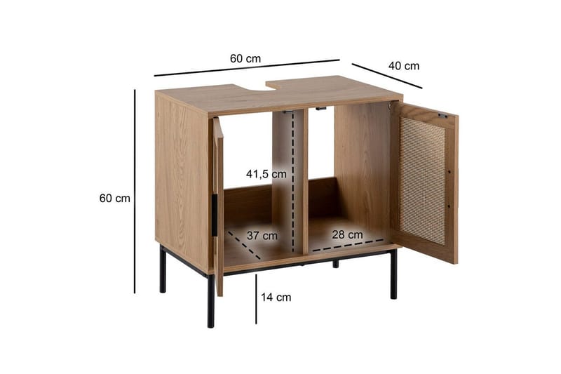Tvättställsskåp Wohnling melaminbelagd MDF, ek-optik, rottingfront, metallben, modern loftstil 2 dörrar - 2 dörrar - Förvaring - Badrumsförvaring - Väggskåp & högskåp