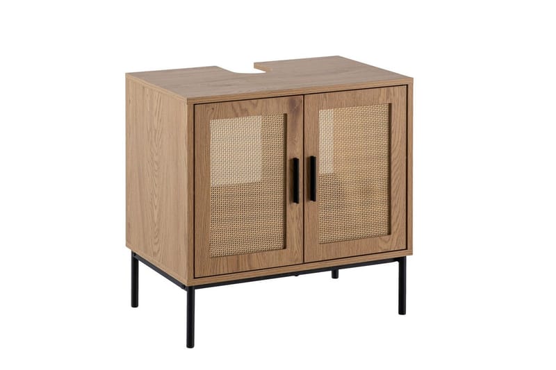 Tvättställsskåp Wohnling melaminbelagd MDF, ek-optik, rottingfront, metallben, modern loftstil 2 dörrar - 2 dörrar - Förvaring - Badrumsförvaring - Väggskåp & högskåp