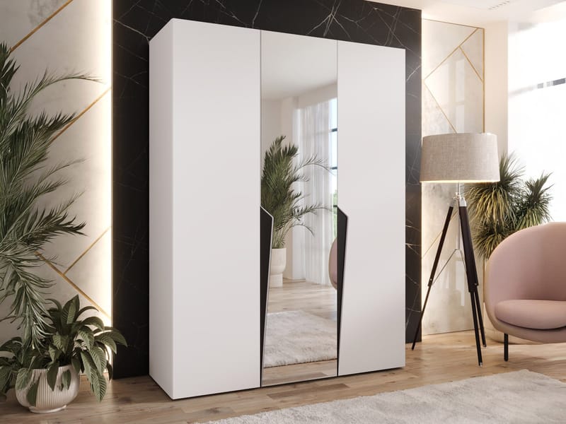 Barile Garderob med spegel 150 cm - Vit med svarta detaljer och speglad/silverfärgad framsida - Förvaring - Garderober & garderobssystem