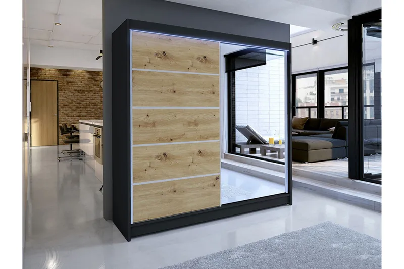 Canderbury Garderob med Spegel 180 cm i Ljust Trä - Svart|Beige - Förvaring - Garderober & garderobssystem