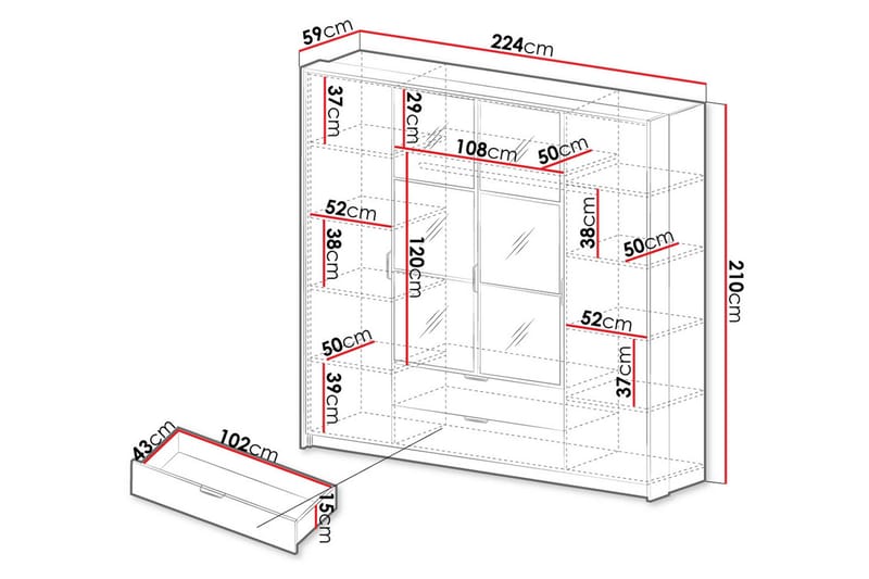 Coralina Garderob m. Spegel 224x210 cm - Brun/Svart - Förvaring - Garderober & garderobssystem